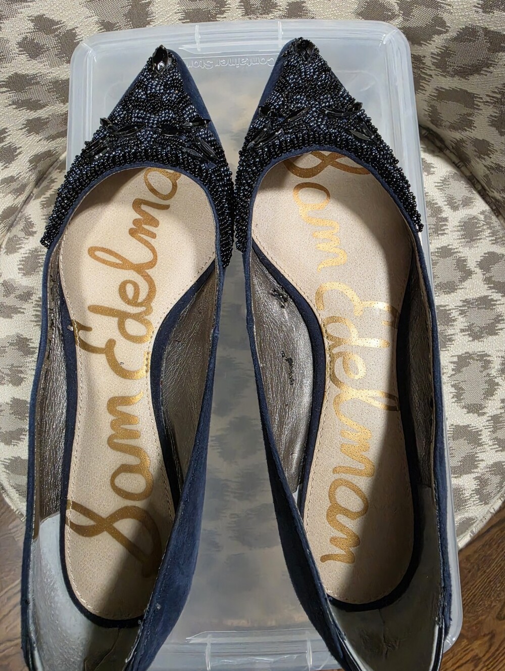 Sam Edelman Navy Velvet With Black Beaded Pointed Flats